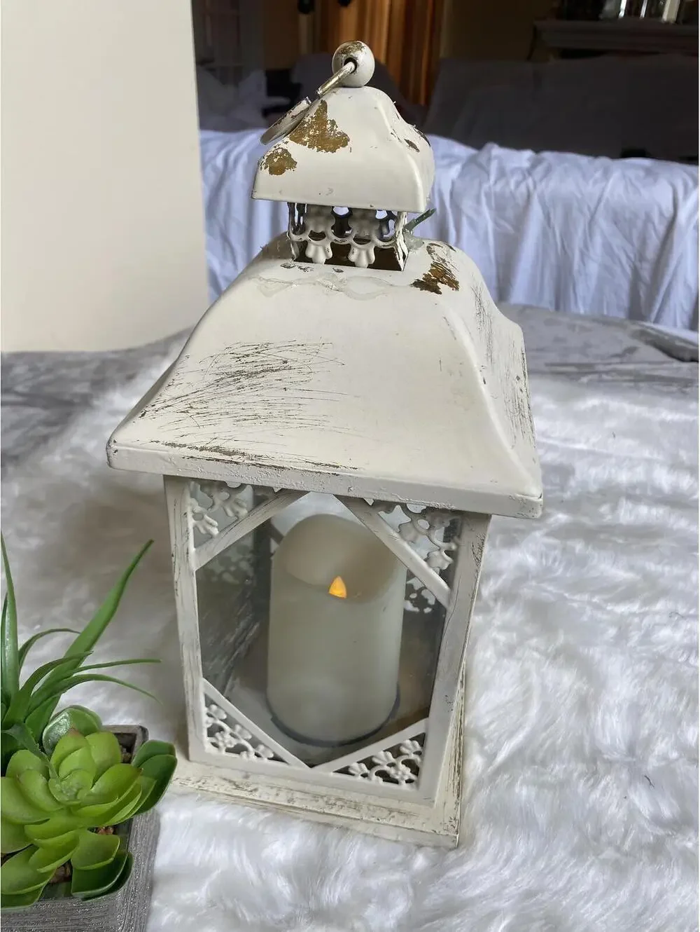Vintage White Metal Lantern with LED Candle